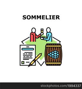 Sommelier Tasting Wine Vector Icon Concept. Sommelier Tasting Wine Alcoholic Drink Prepared From Grape And Writing Report. Man Taste Quality Of Winery Alcohol Beverage Color Illustration. Sommelier Tasting Wine Concept Color Illustration