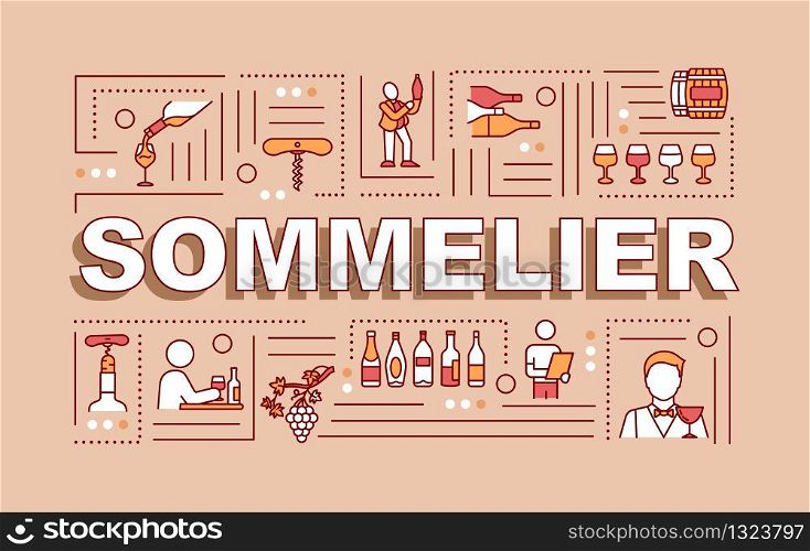 Sommelier word concepts banner. Gourmet alcohol grape drink recommendation. Infographics with linear icons on red background. Isolated typography. Vector outline RGB color illustration