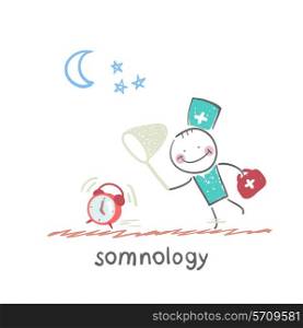 somnology catches hours. Fun cartoon style illustration. The situation of life.