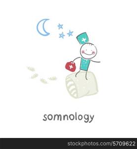 somnology flies on pillows. Fun cartoon style illustration. The situation of life.