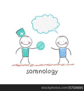 somnology gives the patient pill. Fun cartoon style illustration. The situation of life.