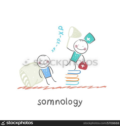 somnology standing on a pile of books and catches the patient&#39;s snoring