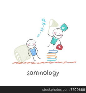 somnology standing on a pile of books and catches the patient&#39;s snoring