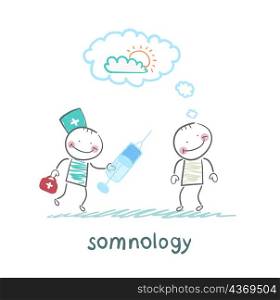somnology stands next to a syringe with a patient who has fallen asleep