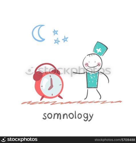 somnology stands next to the alarm. Fun cartoon style illustration. The situation of life.