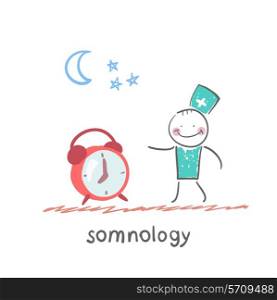 somnology stands next to the alarm. Fun cartoon style illustration. The situation of life.