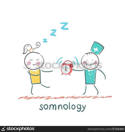 somnology treats a patient with clock. Fun cartoon style illustration. The situation of life.