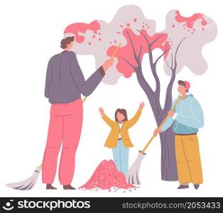 Son and daughter helping father to clean dry leaves fallen from tree. Dad and kids with instruments and tools, housekeeping and household chores outdoors in autumn season. Vector in flat style. Children helping dad in garden cleaning leaves