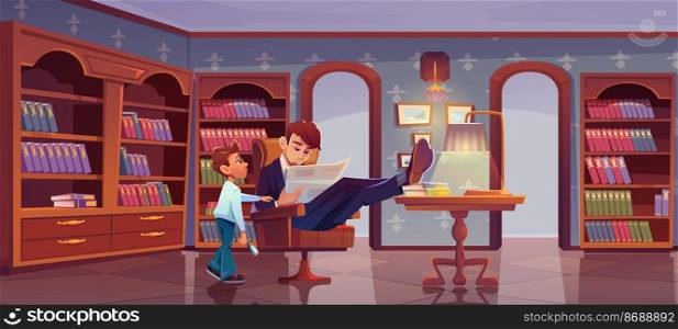 Son and father at home library. Son trying to attract attention of busy dad businessman reading newspaper . Boy stand near man sitting with legs on table read publication, Cartoon vector illustration. Son and father at home library. Son and busy dad