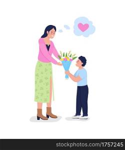 Son giving mother flowers flat color vector detailed characters. Boy surprising smiling mom with bouquet. Mothers day isolated cartoon illustration for web graphic design and animation. Son giving mother flowers flat color vector detailed characters