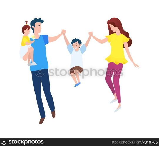 Son jumping between parents, father holding daughter, portrait view of family walking together, people in casual clothes, happy man and woman vector. Mother and Father With Son and Daughter Vector