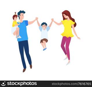 Son jumping between parents, father holding daughter, portrait view of family walking together, people in casual clothes, happy man and woman vector. Mother and Father With Son and Daughter Vector