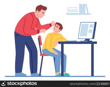 Son listening dad explanation. Happy parent and kid spending time together isolated on white background. Son listening dad explanation. Happy parent and kid spending time together