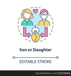 Son or daughter social role concept icon. Kid function part in family. Child position role model society abstract idea thin line illustration. Vector isolated outline color drawing. Editable stroke. Son or daughter social role concept icon