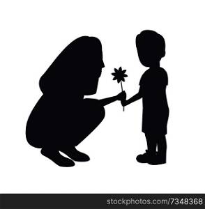 Son presenting flower to his adorable mother black silhouette vector. Boy gives blooming blossom to woman, preschool kid isolated on white background. Son Presenting Flower to Adorable Mother Vector