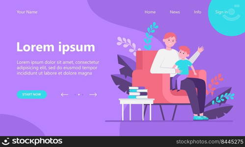 Son sitting on father knees and listening story. Armchair, book, dad flat vector illustration. Family and childhood concept for banner, website design or landing web page