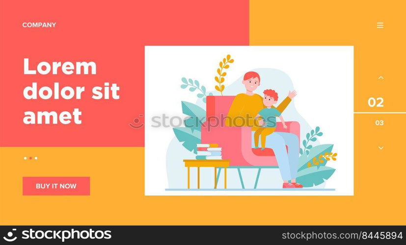 Son sitting on father knees and listening story. Armchair, book, dad flat vector illustration. Family and childhood concept for banner, website design or landing web page