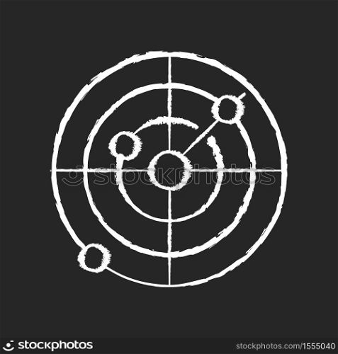 Sonar chalk white icon on black background. Radio wave scanning, obstacle detection technology for nautical vessels. Maritime navigation. Navigational radar isolated vector chalkboard illustration. Navigational radar chalk white icon on black background