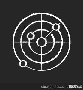 Sonar chalk white icon on black background. Radio wave scanning, obstacle detection technology for nautical vessels. Maritime navigation. Navigational radar isolated vector chalkboard illustration. Navigational radar chalk white icon on black background