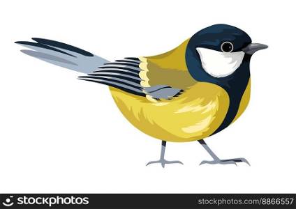 Songbird avian animal with colorful plumage and small body. Isolated portrait of cute personage with feathers, claws and beak. Wilderness and wildlife habitat and nature. Vector in flat style. American goldfinch, avian animal with plumage