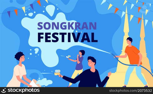 Songkran festival. Asia thailand fest, happy girl with water bowl. People celebration, thai person playing splashes utter vector travel background. Illustration celebrate festival thai, asia songkran. Songkran festival. Asia thailand fest, happy girl with water bowl. People celebration, thai person playing splashes utter vector travel background