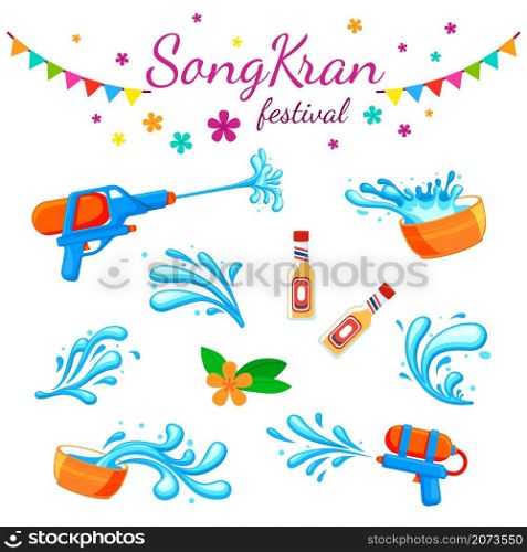 Songkran festival. Color thai water party, thailand travel elements. Wet asian traditional holiday, tourism symbols and splashes recent vector set. Illustration gun shot water, songkran holiday. Songkran festival. Color thai water party, thailand travel elements. Wet asian traditional holiday, tourism symbols and splashes recent vector set