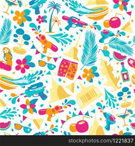 Songkran festival in Thailand. Colorful seamless Pattern with icons o white.. Songkran festival in Thailand. Colorful seamless Pattern with icons of buddhist new york.