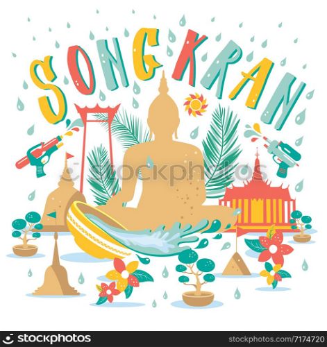 Songkran Festival in Thailand of April, hand drawn lettering, pagoda sand, flowers tropical.. Songkran Festival in Thailand of April, hand drawn lettering, pagoda sand, Buddha, flowers tropical. Vector illustration.