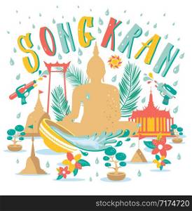 Songkran Festival in Thailand of April, hand drawn lettering, pagoda sand, flowers tropical.. Songkran Festival in Thailand of April, hand drawn lettering, pagoda sand, Buddha, flowers tropical. Vector illustration.