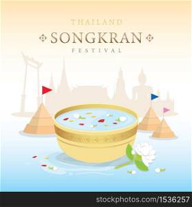 Songkran Festival Water Splash of Thailand, Thai Traditional Cartoon Character Vector.