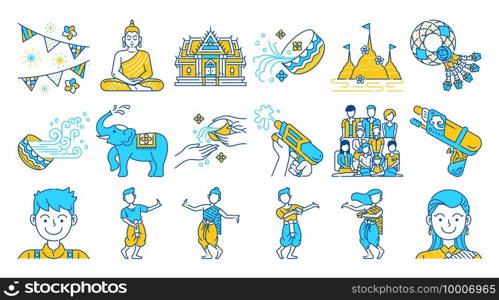 Songkran thailand festival colored line icon set.Two tone color. Thai water splashing festive day, thai dancing traditional and cultural.