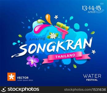 Songkran Travel Thailand festival gun water and water splash design on blue background, vector illustration