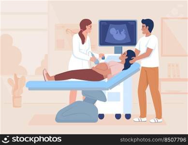 Sonogram of pregnant woman flat color vector illustration. Family visiting doctor. Ultrasound scanning. Prenatal care. Fully editable 2D simple cartoon characters with hospital on background. Sonogram of pregnant woman flat color vector illustration
