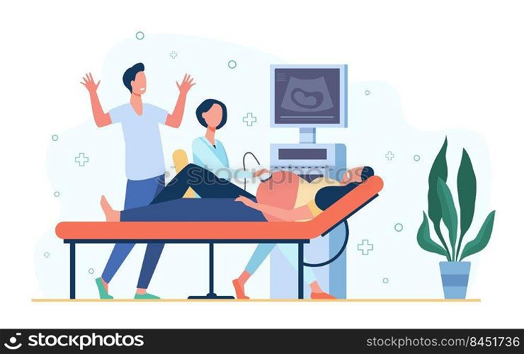 Sonographer doctor examining pregnant woman, scanning abdomen, using ultrasound scanner. Vector illustration for care pregnancy, gynecology, medical examination concept