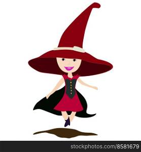 Sorceress in dress and cloak with big witches hat isolated on white background. Cartoon flat style. Vector design element.. Sorceress in dress and cloak with big witches hat isolated on white background. Cartoon flat style. Design element.
