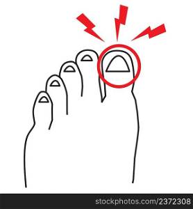 sore big toe icon on white background. foot pain sign. leg with a toe injury symbol. flat style.