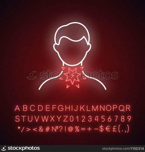 Sore throat neon light icon. Sickness pain. Illness symptome. Common cold. Flu and influenza virus. Fever suffering. Glowing sign with alphabet, numbers and symbols. Vector isolated illustration