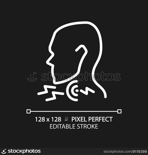 Sore throat pixel perfect white linear icon for dark theme. Patient suffering from pain. Medical diagnostics. Thin line illustration. Contour symbol. Vector outline drawing. Editable stroke. Sore throat pixel perfect white linear icon for dark theme