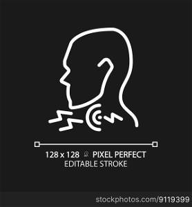 Sore throat pixel perfect white linear icon for dark theme. Patient suffering from pain. Medical diagnostics. Thin line illustration. Contour symbol. Vector outline drawing. Editable stroke. Sore throat pixel perfect white linear icon for dark theme