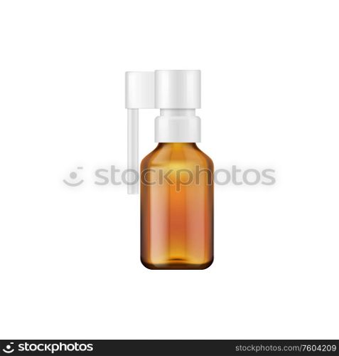 Sore throat sprayer isolated realistic bottle. Vector container with fluids, medicine remedy. Bottle with sore throat remedy spray isolated