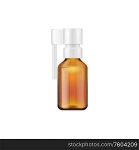 Sore throat sprayer isolated realistic bottle. Vector container with fluids, medicine remedy. Bottle with sore throat remedy spray isolated