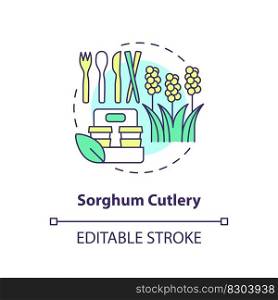 Sorghum cutlery concept icon. Sustainable alternative to plastic. Edible spoons idea thin line illustration. Isolated outline drawing. Editable stroke. Arial, Myriad Pro-Bold fonts used. Sorghum cutlery concept icon