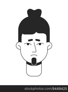 Sorrowful asian guy monochrome flat linear character head. Trendy bun hairstyle. Editable outline hand drawn human face icon. 2D cartoon spot vector avatar illustration for animation. Sorrowful asian guy monochrome flat linear character head