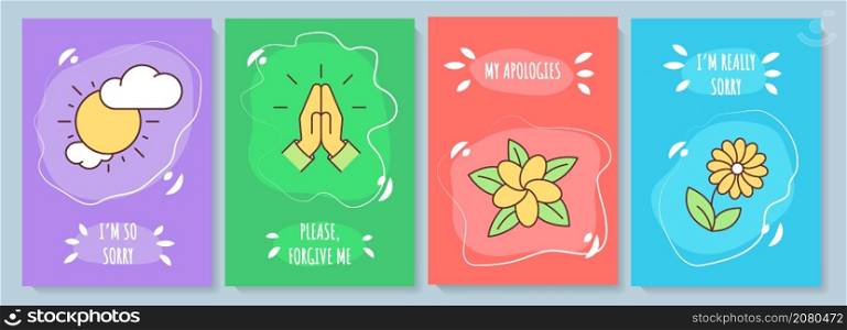 Sorry greeting card with color icon element set. Ask for forgiveness. Excuse and confession. Postcard vector design. Decorative flyer with creative illustration. Notecard with congratulatory message. Sorry greeting card with color icon element set