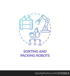 Sorting and packing robots blue gradient concept icon. Performing automated tasks abstract idea thin line illustration. Isolated outline drawing. Roboto-Medium, Myriad Pro-Bold fonts used. Sorting and packing robots blue gradient concept icon