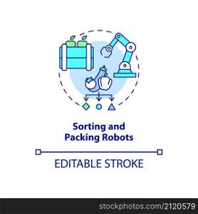 Sorting and packing robots concept icon. Robotics in agriculture abstract idea thin line illustration. Isolated outline drawing. Editable stroke. Roboto-Medium, Myriad Pro-Bold fonts used. Sorting and packing robots concept icon