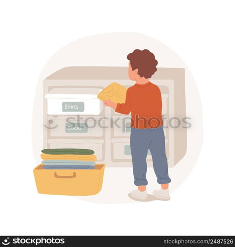 Sorting clothes isolated cartoon vector illustration. Child learning to sort clothes, stickers on the shelf, kid puts clean shirts in correct drawer, helping with housework vector cartoon.. Sorting clothes isolated cartoon vector illustration.