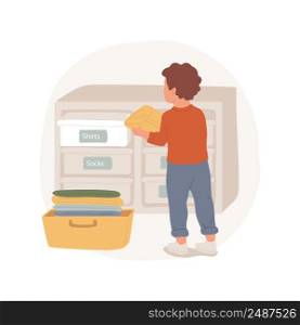 Sorting clothes isolated cartoon vector illustration. Child learning to sort clothes, stickers on the shelf, kid puts clean shirts in correct drawer, helping with housework vector cartoon.. Sorting clothes isolated cartoon vector illustration.