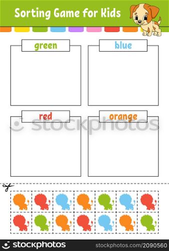 Sorting game for kids. Cut and glue. Education developing worksheet. Matching game for kids. Color activity page. Puzzle for children. Cute character. Vector illustration. cartoon style.