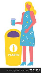 Sorting garbage vector, female character with plastic cup throwing waste into appropriate bin. Lady with bottle drink beverage in hands, flat style. Woman Throwing Plastic Cup into Container Bin